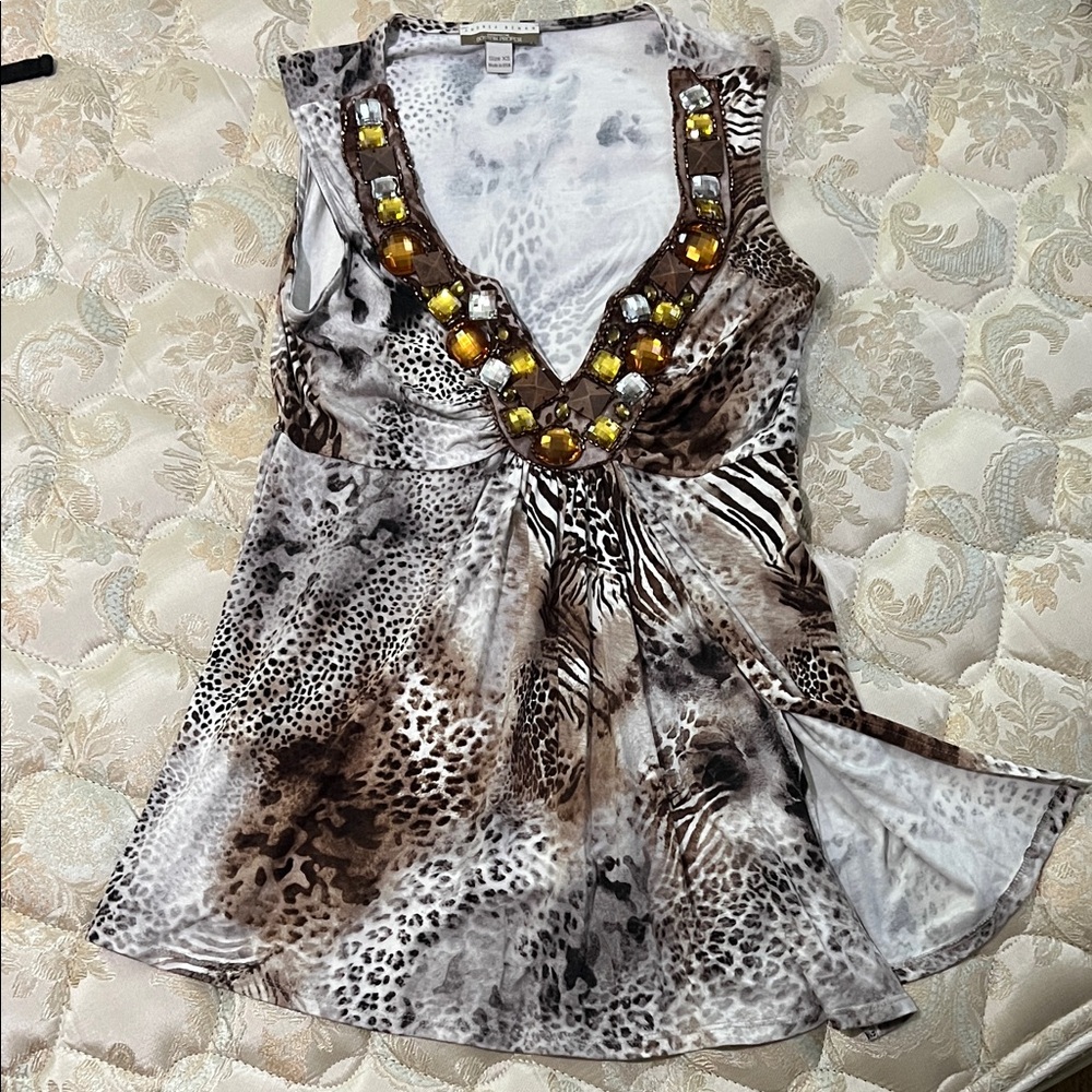 Boston Proper Brown Animal Print Embellished Blouse